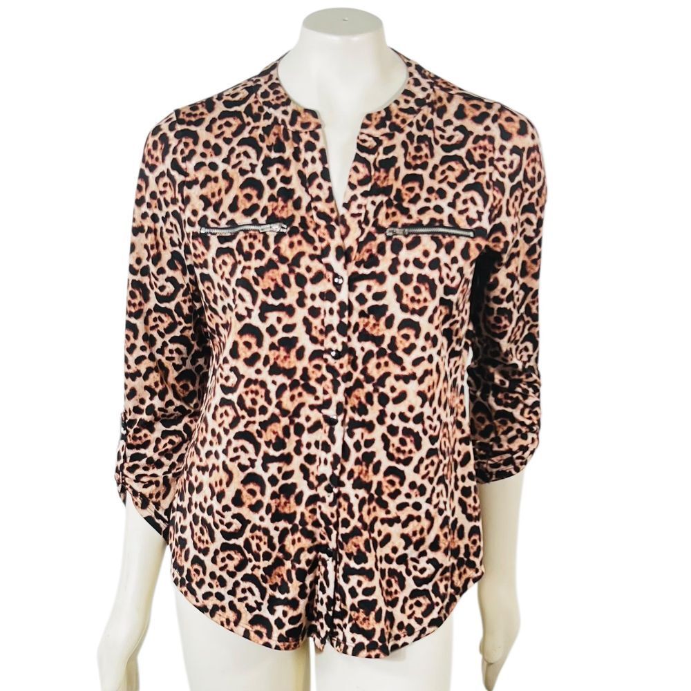 Always Indigo Cheetah Animal Print Blouse Zipper Pockets Button Maximalist M